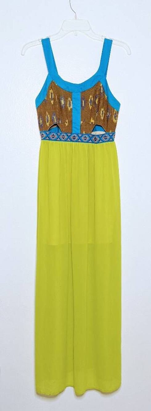 Anthropologie Flying Tomato Maxi A Line Dress Green Ikat Color Block Sleeveless